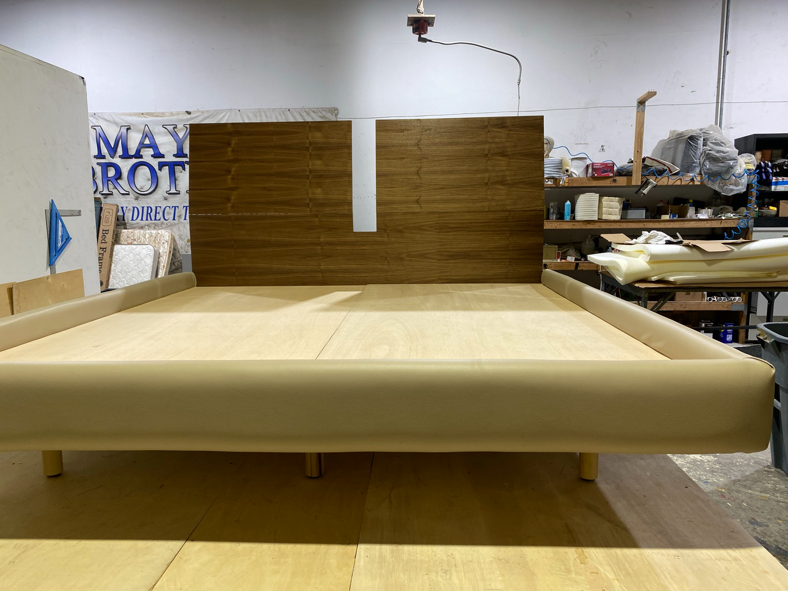 Front view of a custom bed frame and headboard