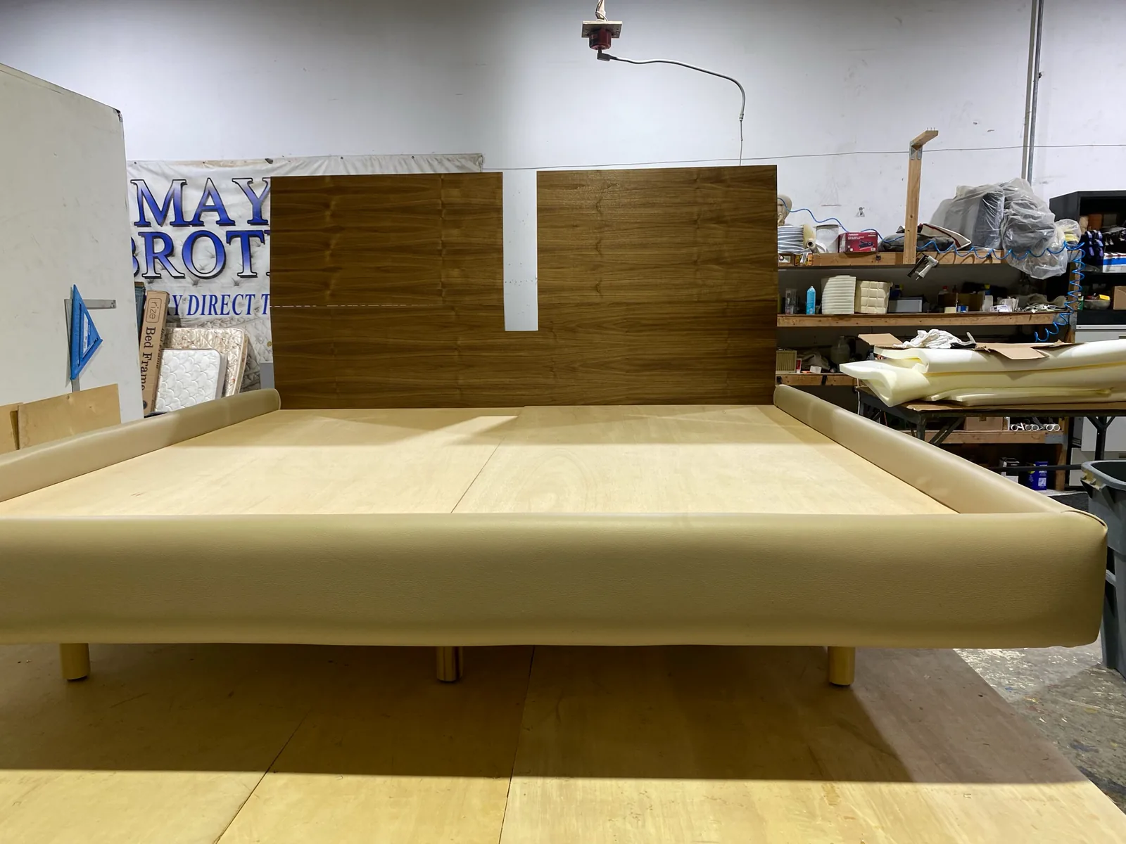 Front view of a custom bed frame and headboard