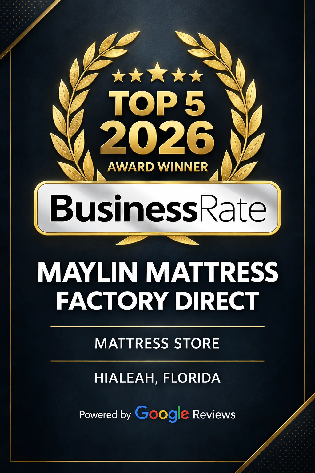 BusinessRate Top 5 2026 award for Maylin Mattress Factory Direct